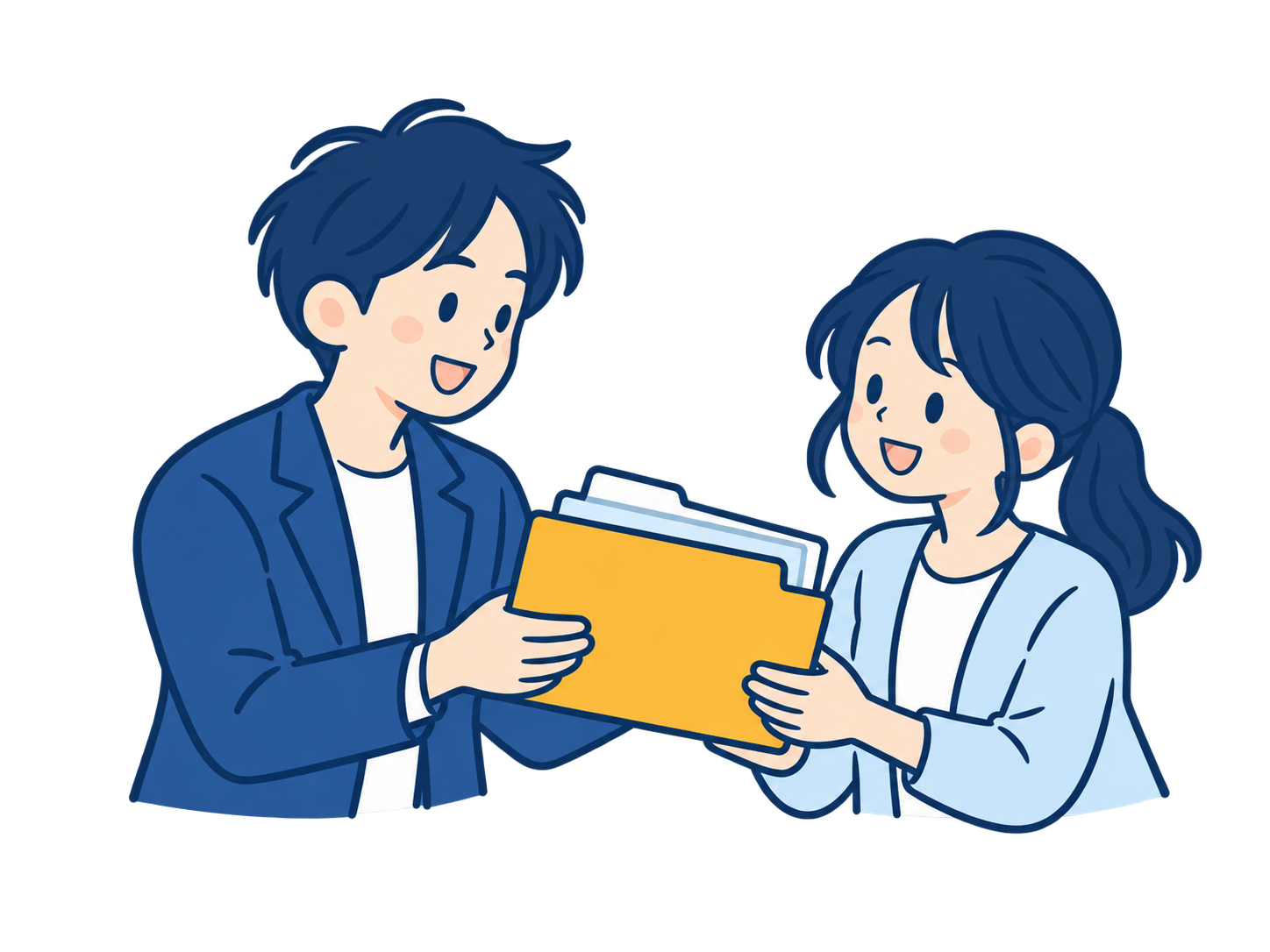 仕事のファイルを受け渡す二人のイラスト